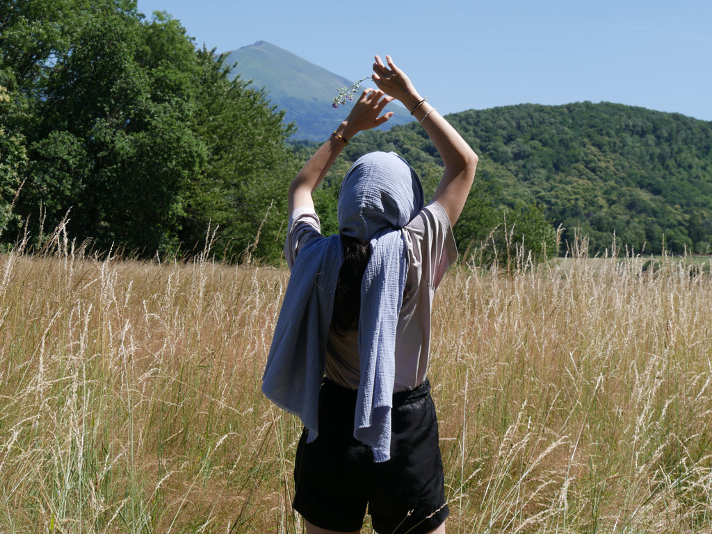 Echarpe, Étole XXL en double gaze de coton – Bleu Lavande