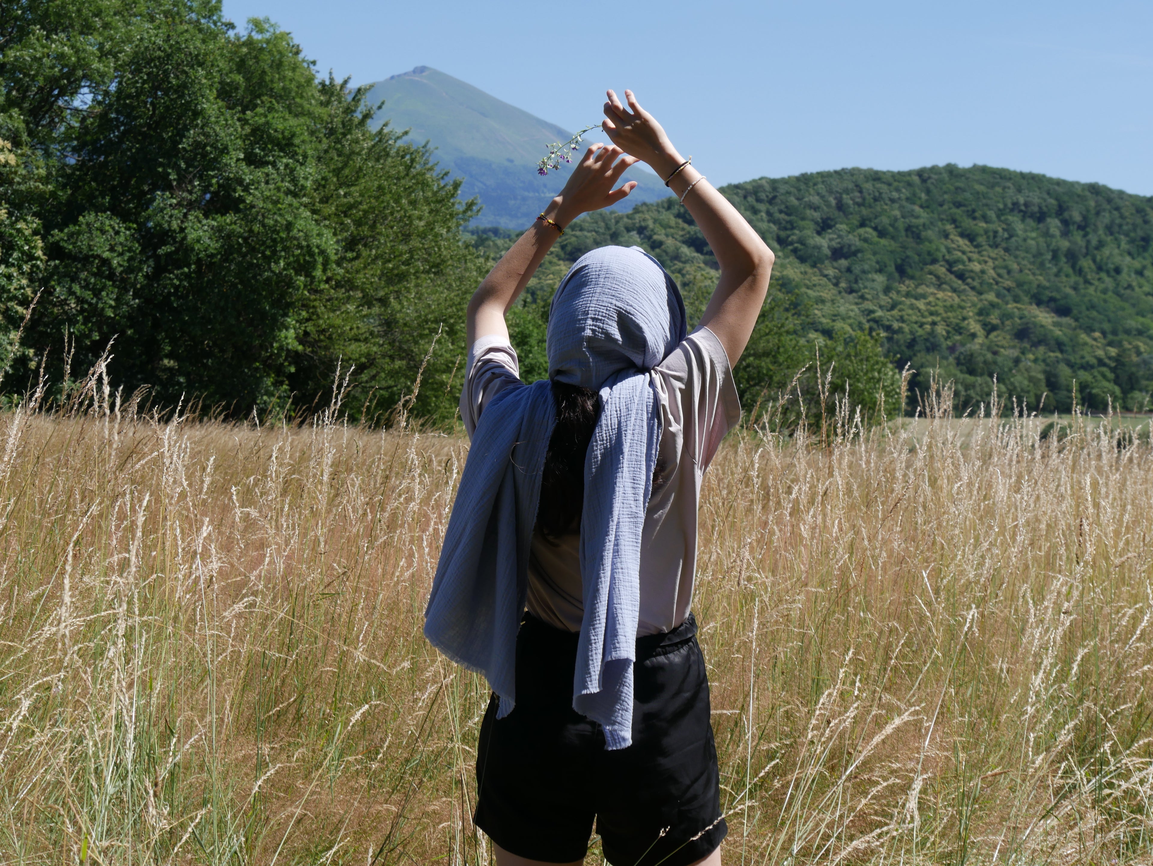 Echarpe, Étole XXL en double gaze de coton – Bleu Lavande