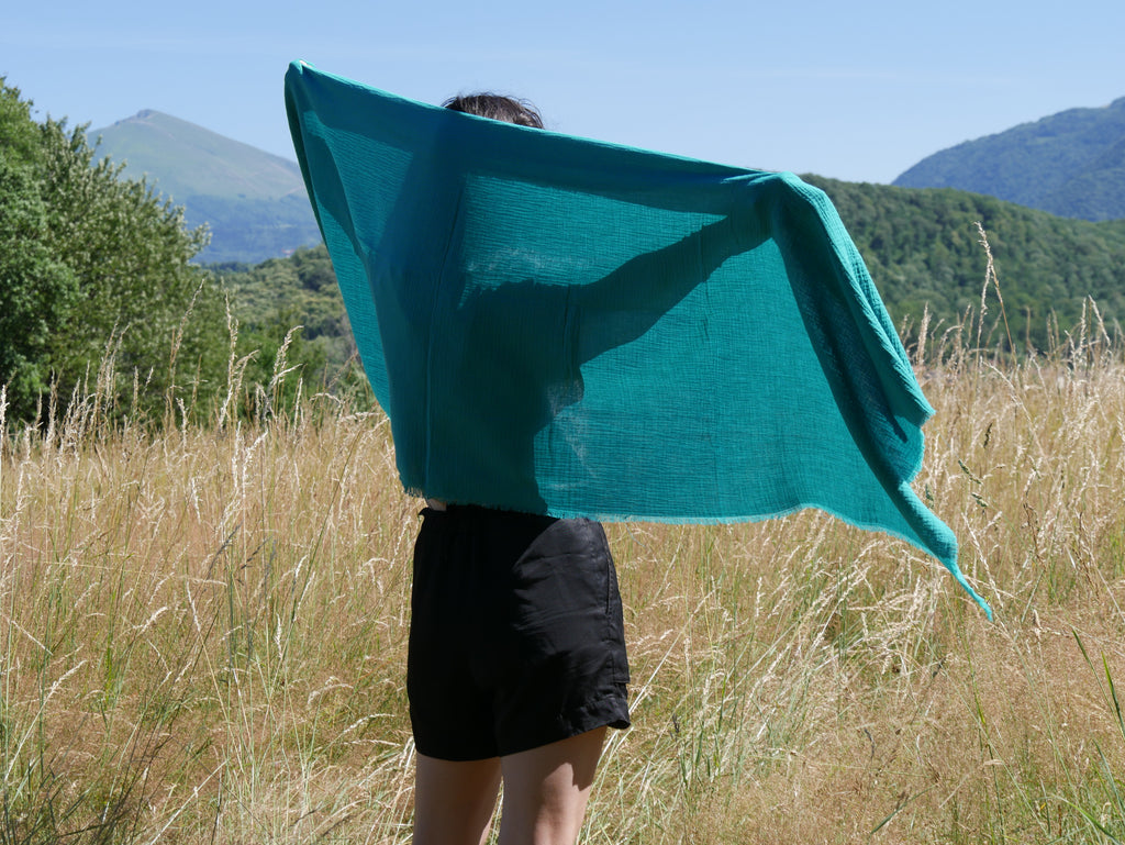 Écharpe XXL artisanale – Douceur de double gaze de coton Vert Lagon