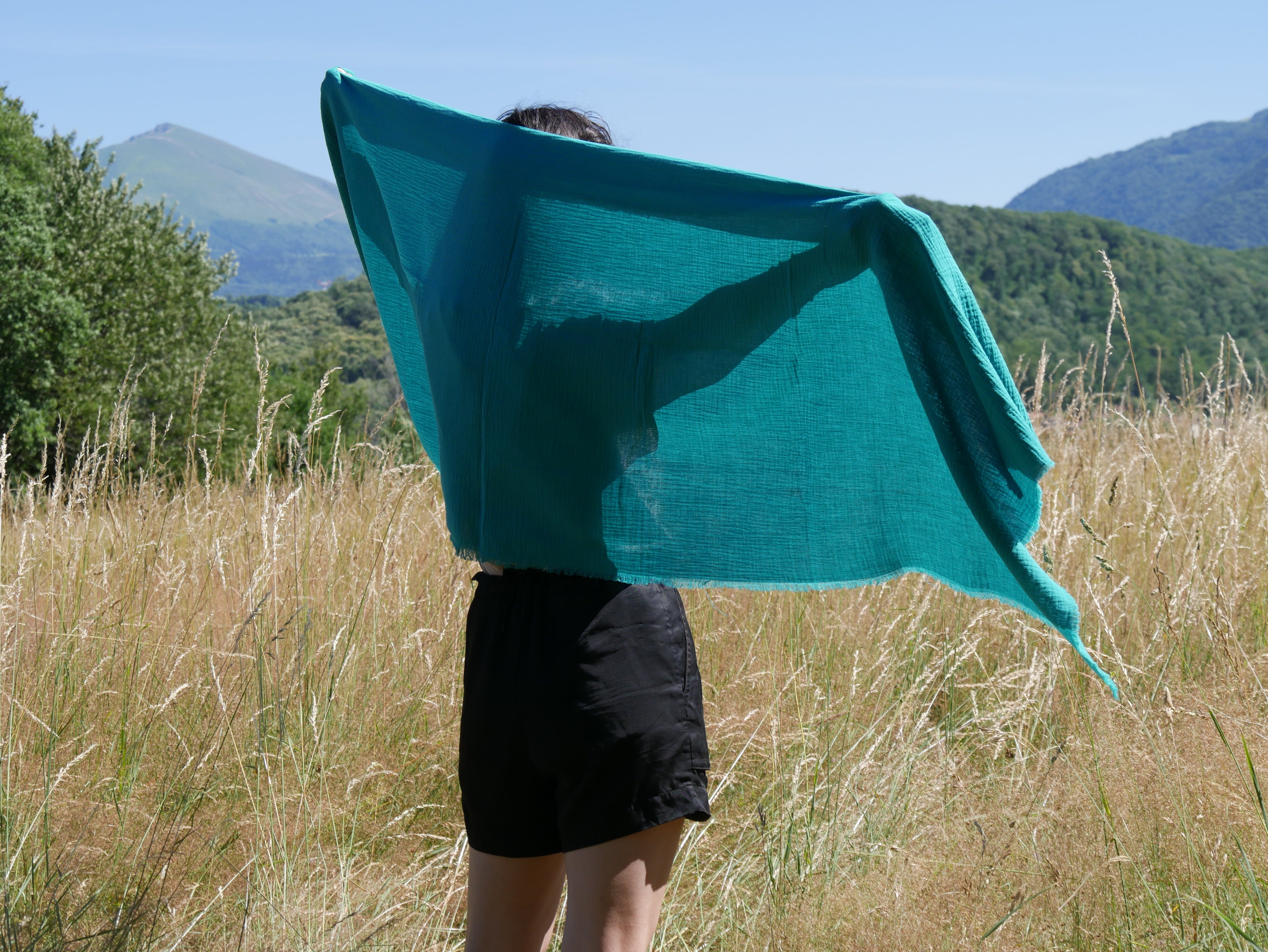 Écharpe XXL artisanale – Douceur de double gaze de coton Vert Lagon