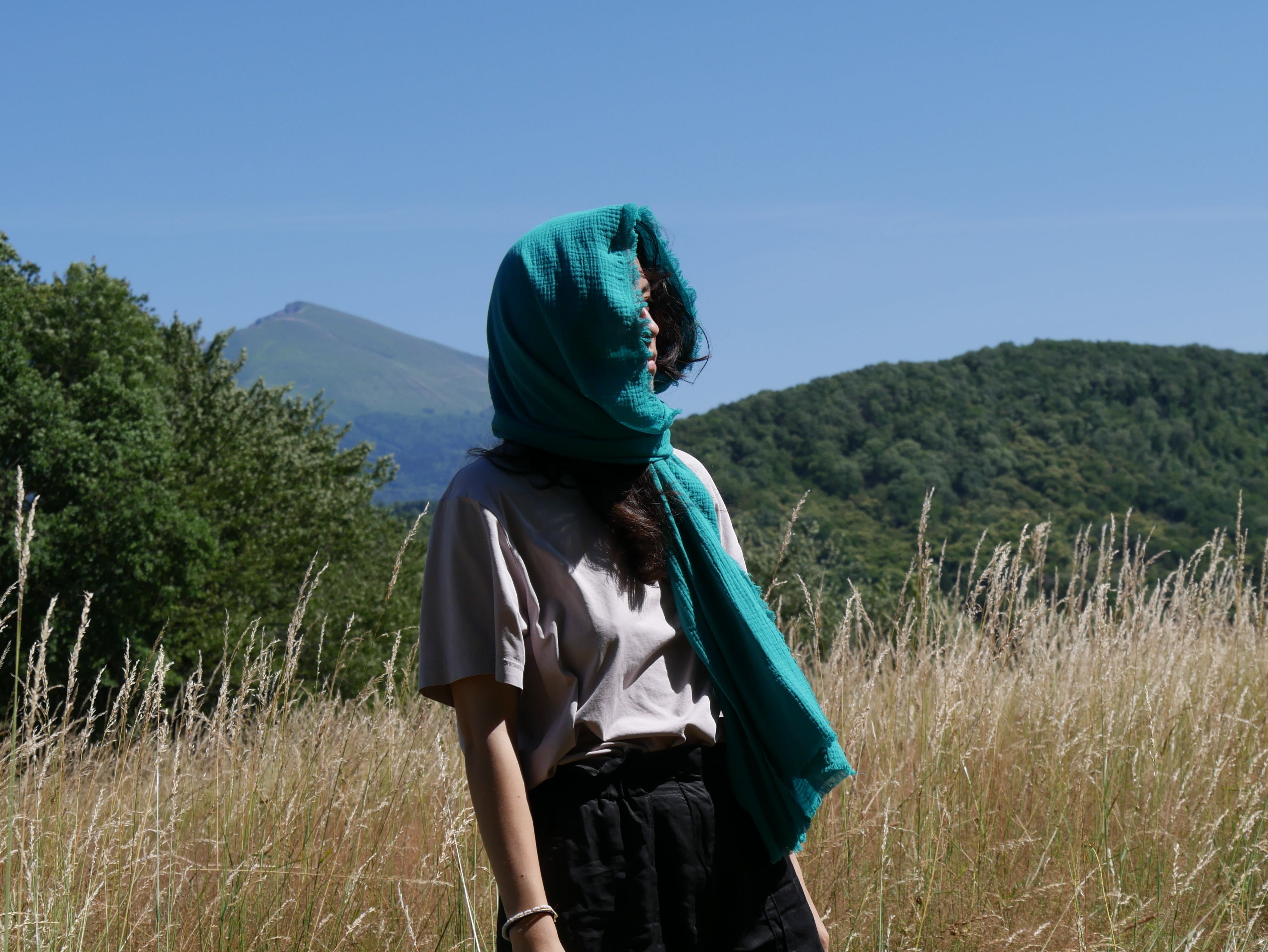 Écharpe XXL artisanale – Douceur de double gaze de coton Vert Lagon