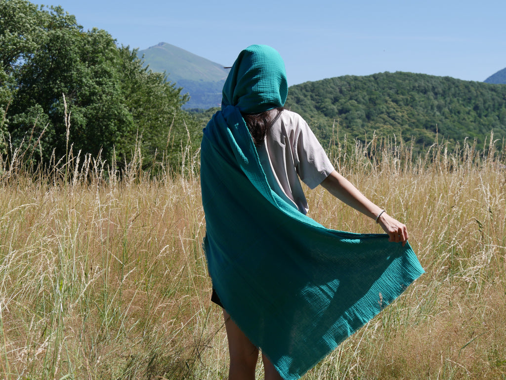 Écharpe XXL artisanale – Douceur de double gaze de coton Vert Lagon