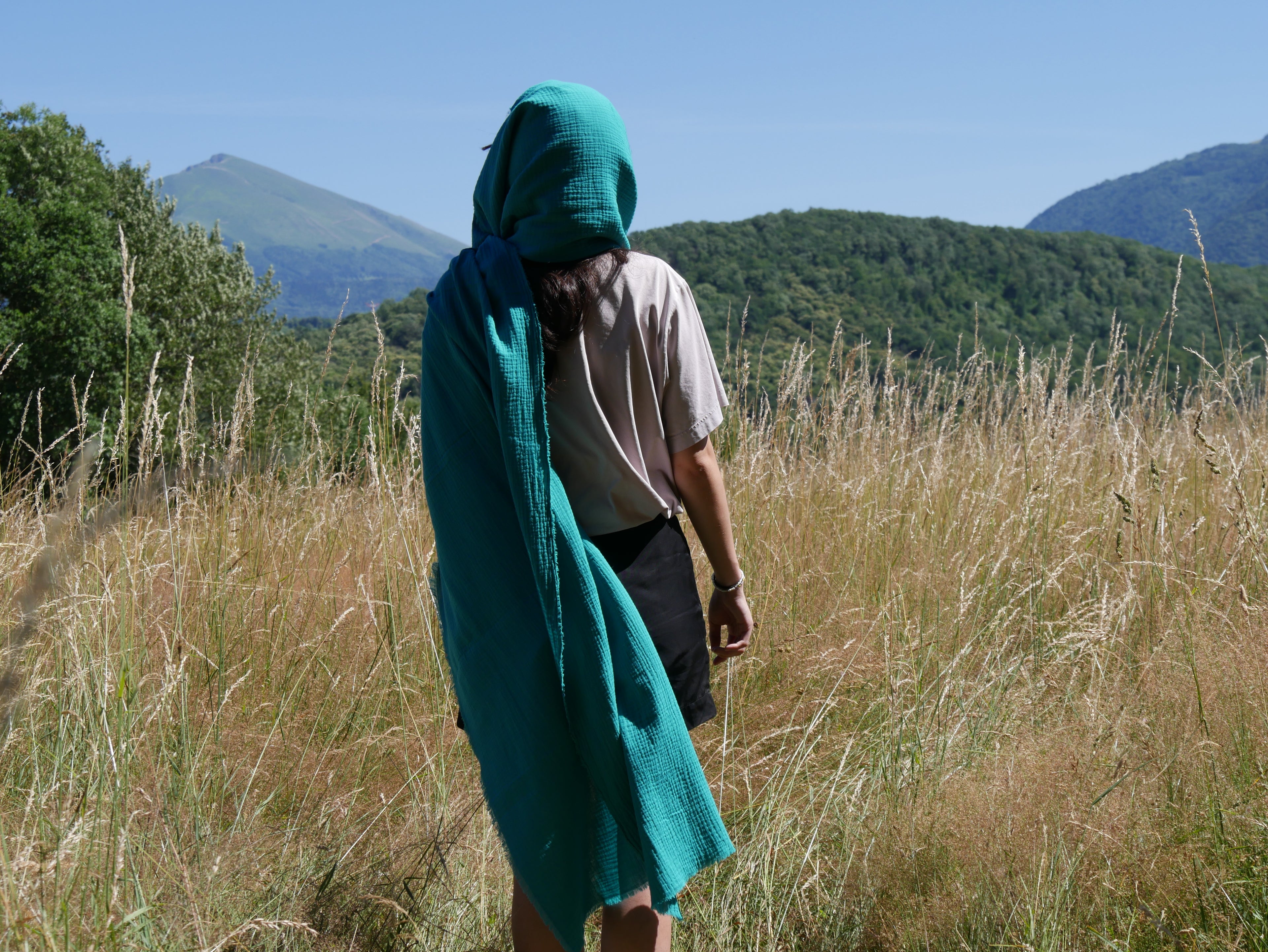 Écharpe XXL artisanale – Douceur de double gaze de coton Vert Lagon