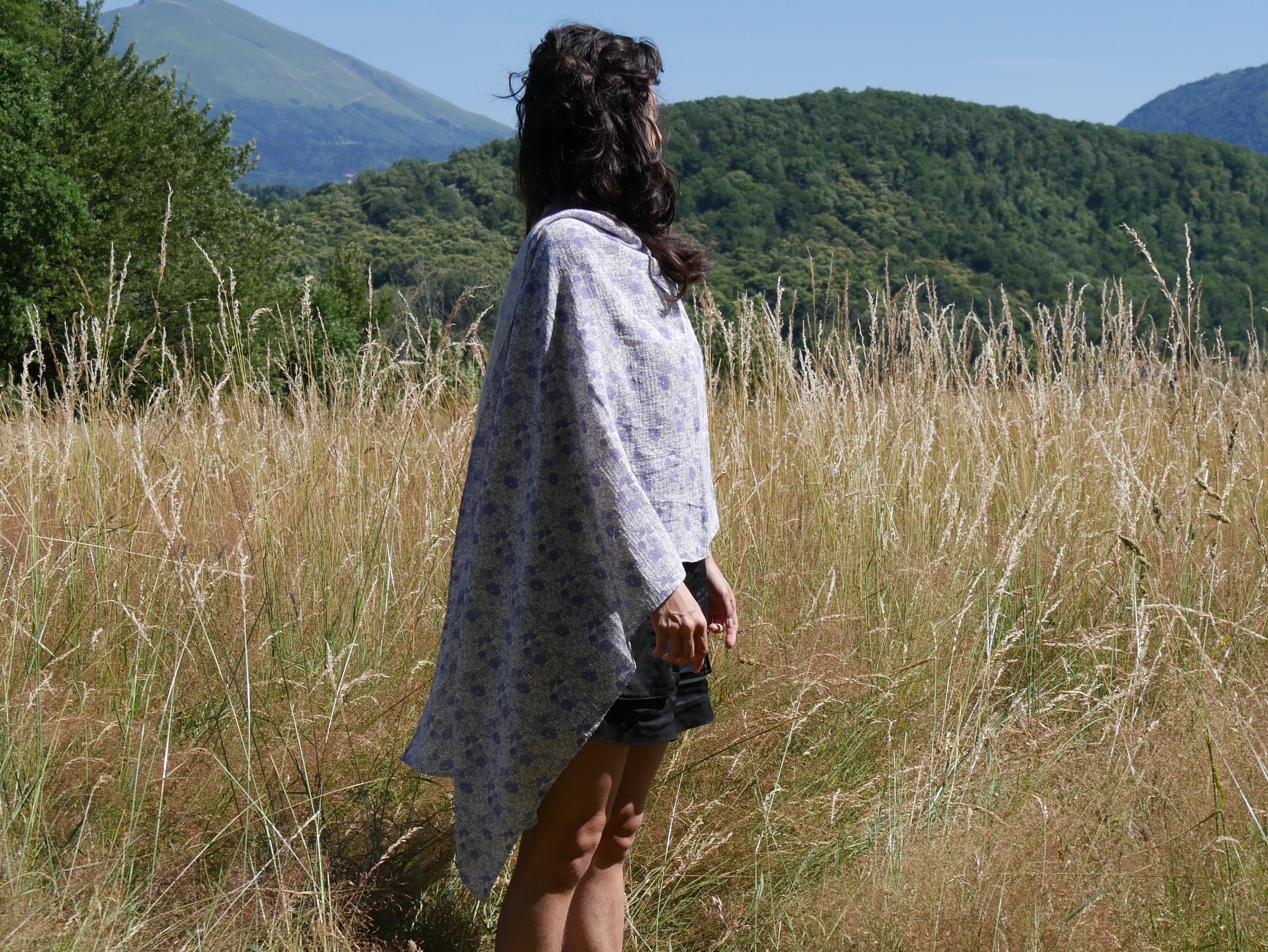 Echarpe, Étole XXL en double gaze de coton – Liberty Bleu
