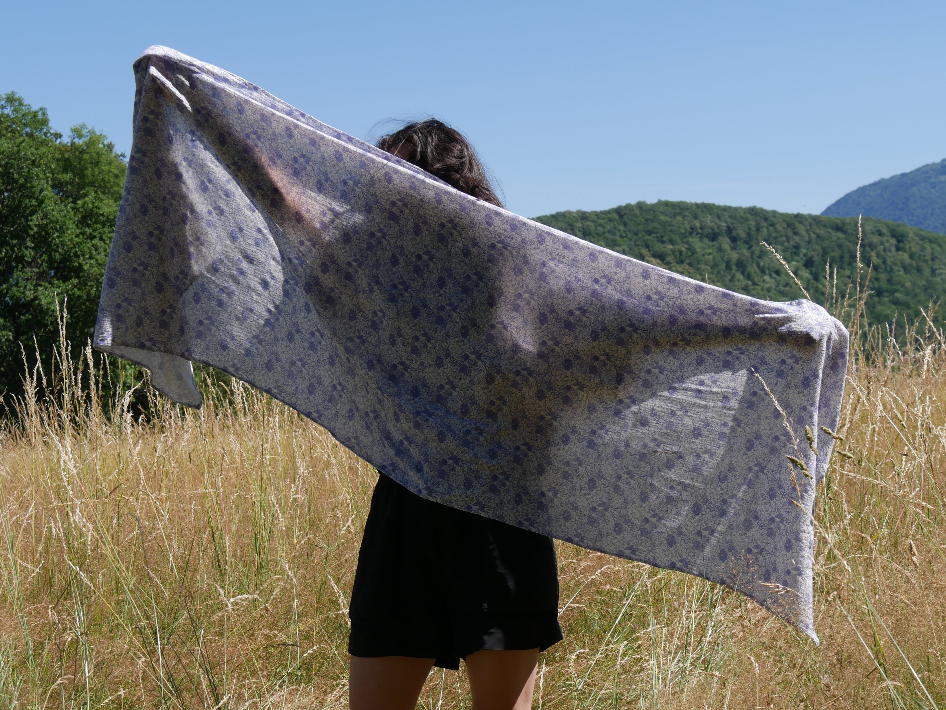 Echarpe, Étole XXL en double gaze de coton – Liberty Bleu