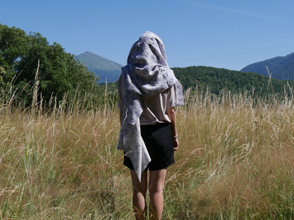 Echarpe, Étole XXL en double gaze de coton – Liberty Bleu
