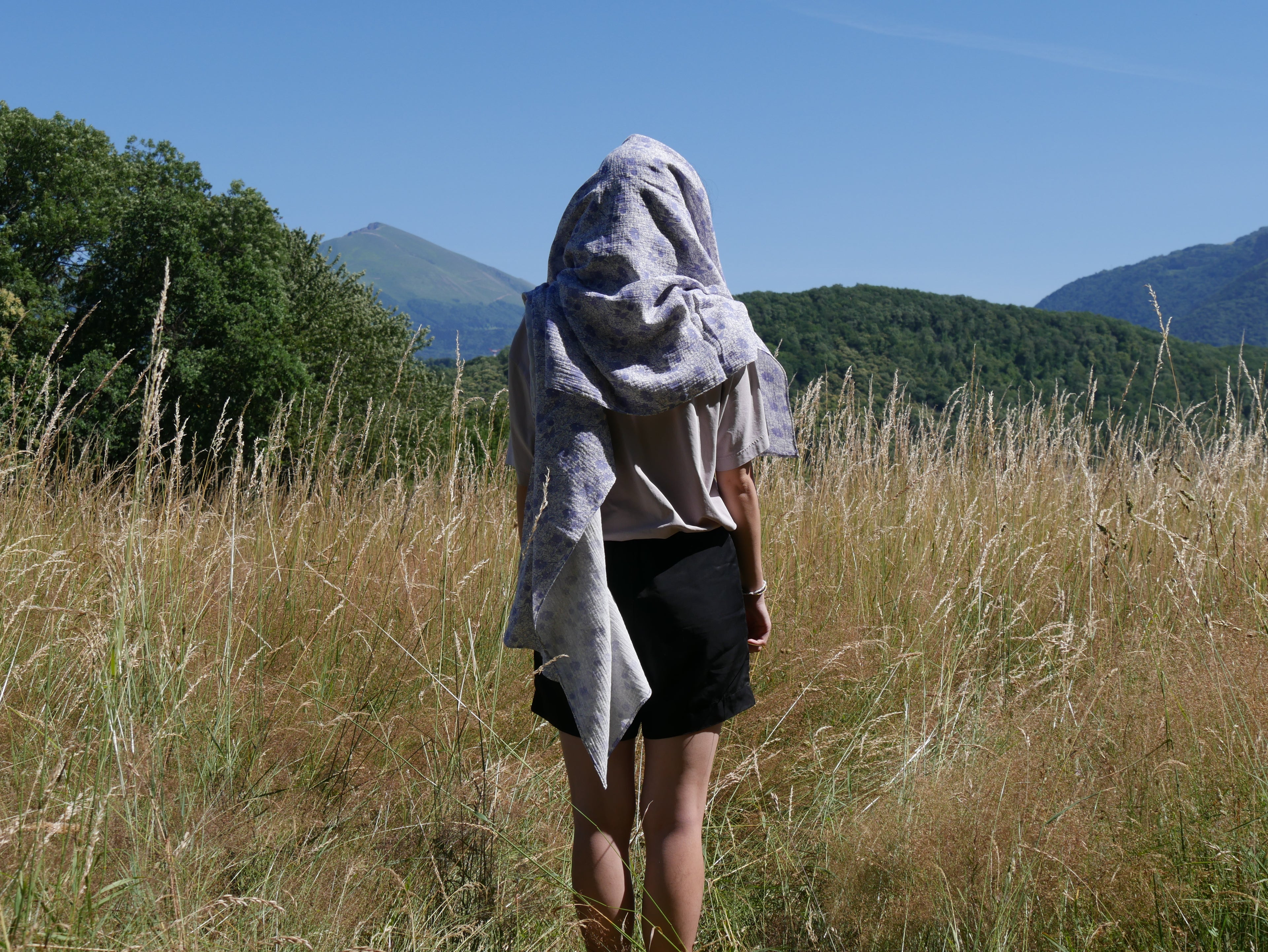 Echarpe, Étole XXL en double gaze de coton – Liberty Bleu