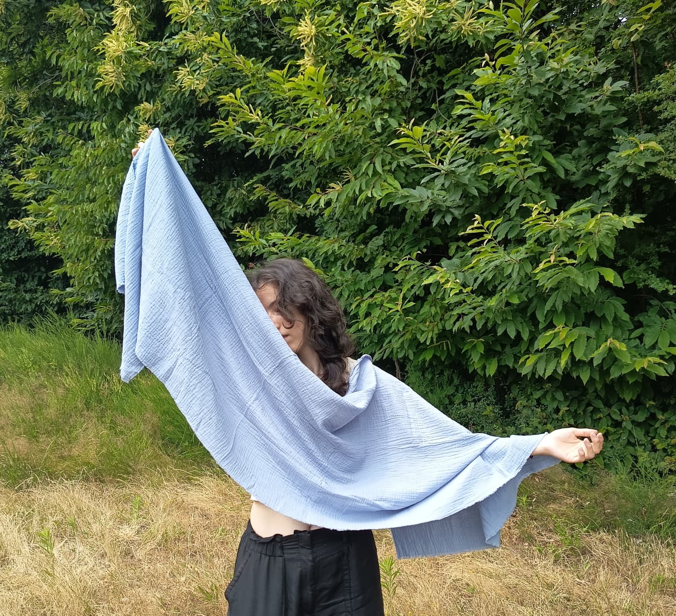 Echarpe, Étole XXL en double gaze de coton – Bleu Lavande