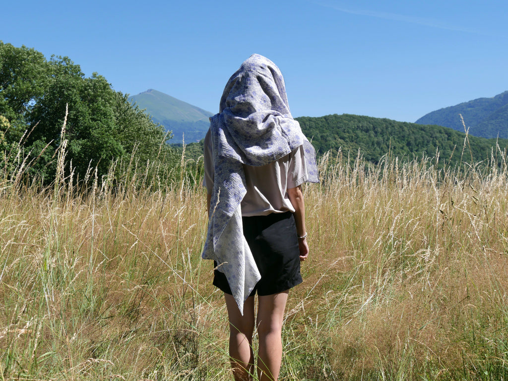 Echarpe, Étole XXL en double gaze de coton – Liberty Bleu