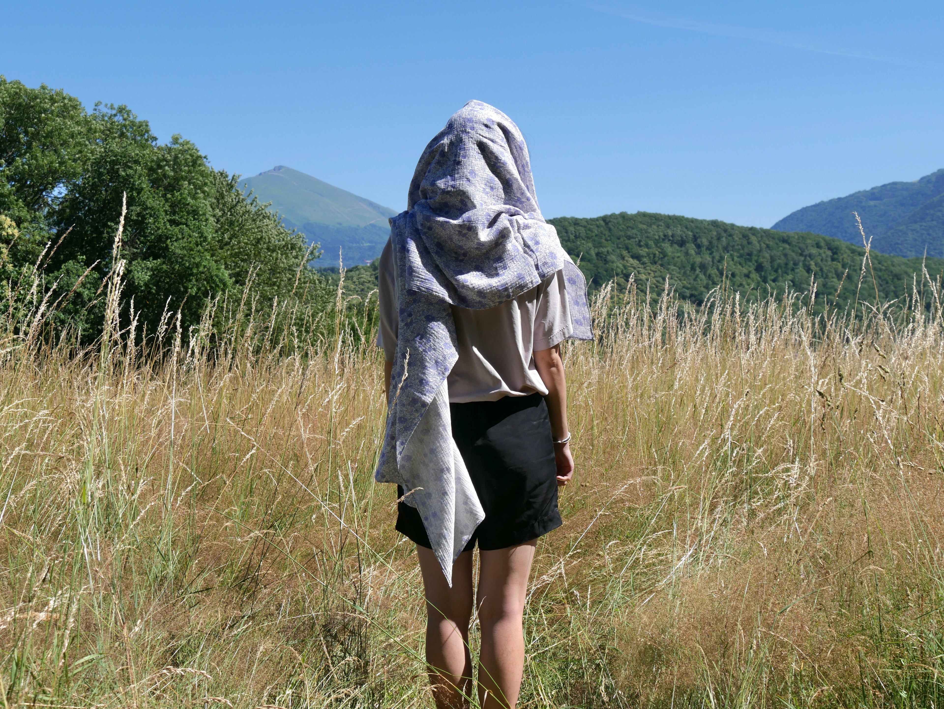 Echarpe, Étole XXL en double gaze de coton – Liberty Bleu