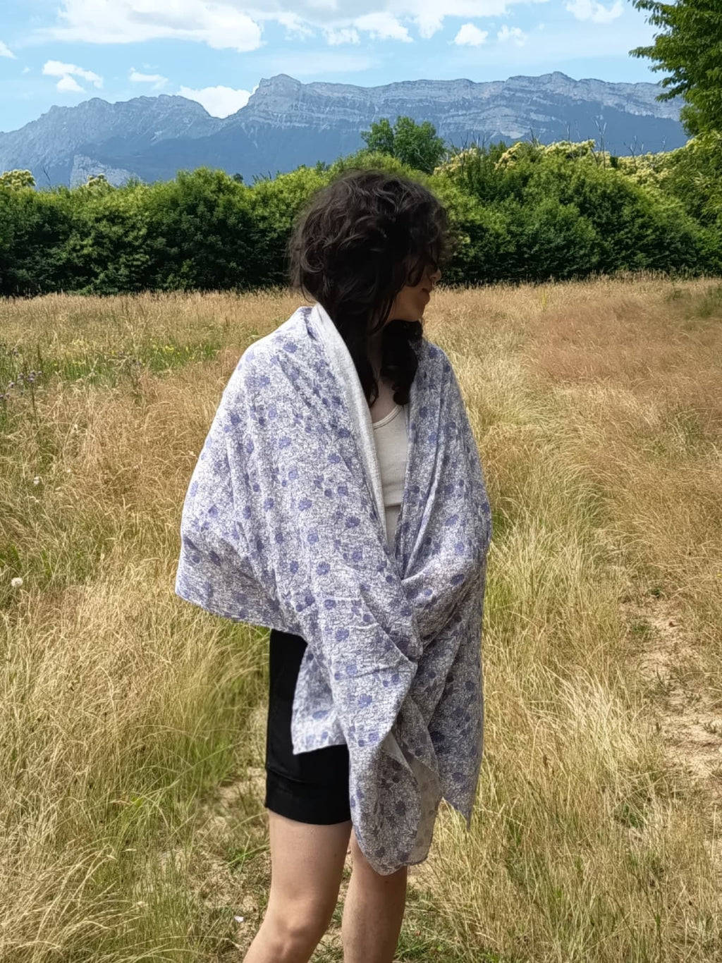 Echarpe, Étole XXL en double gaze de coton – Liberty Bleu