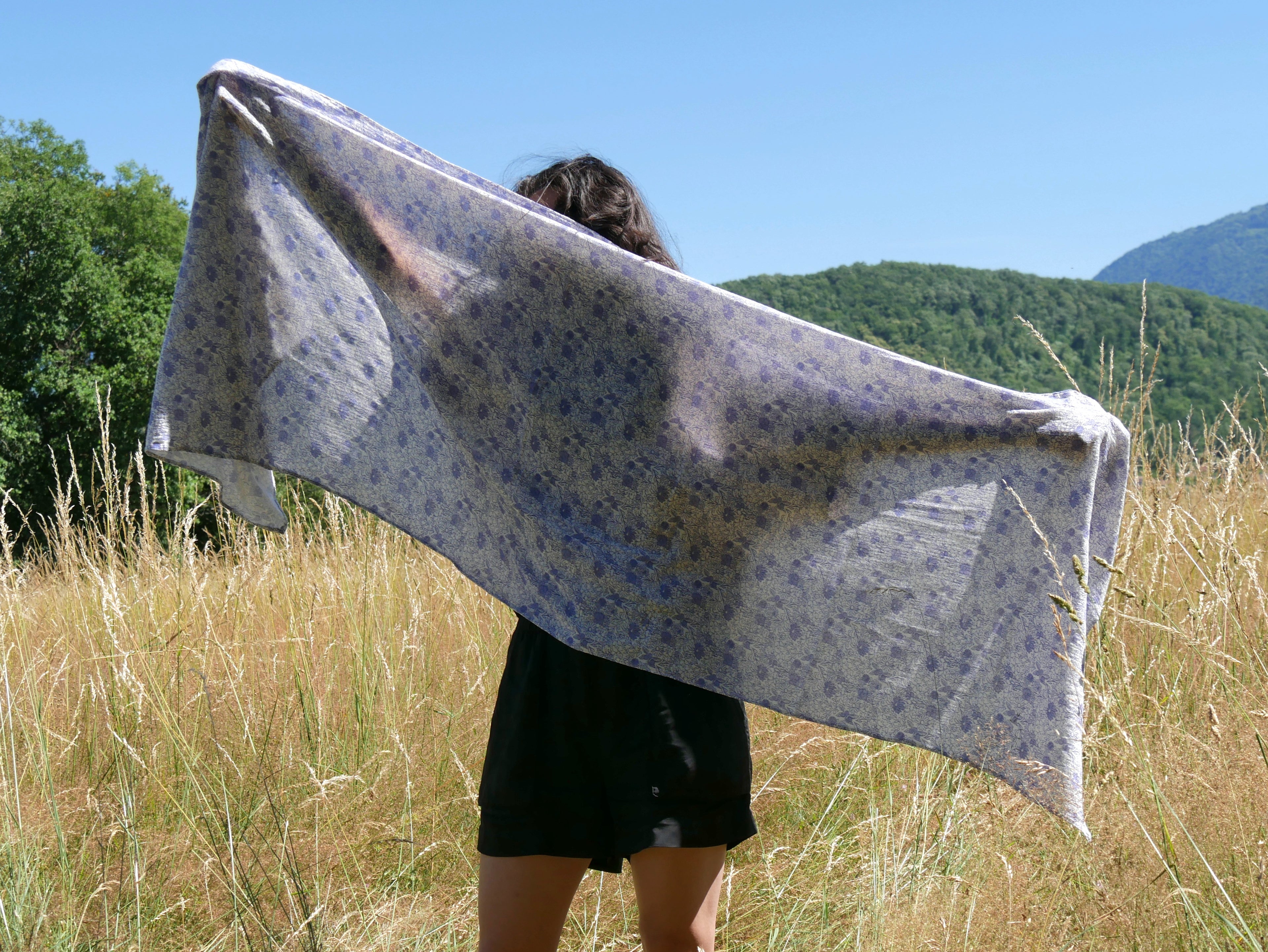 Echarpe, Étole XXL en double gaze de coton – Liberty Bleu