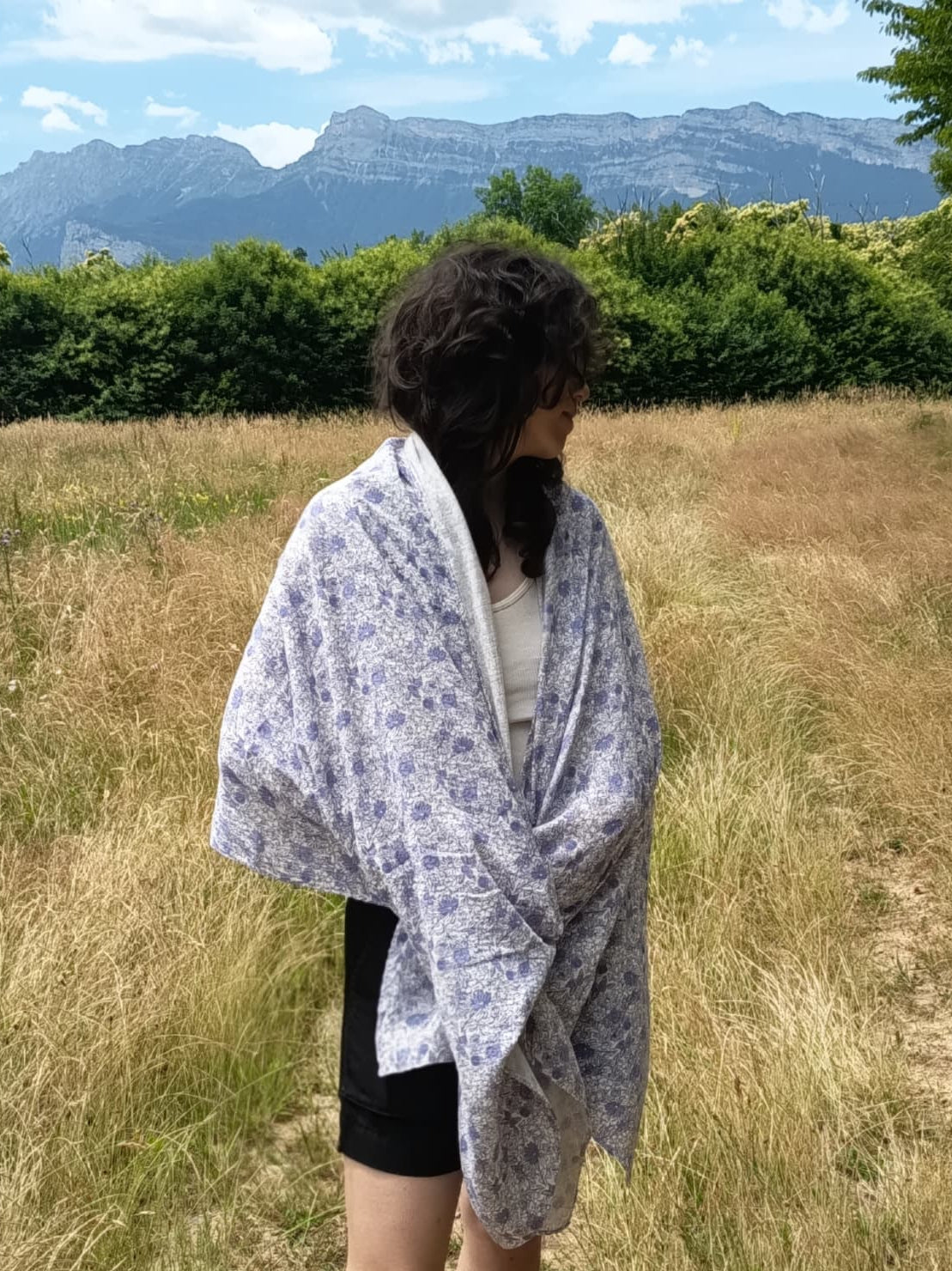 Echarpe, Étole XXL en double gaze de coton – Liberty Bleu