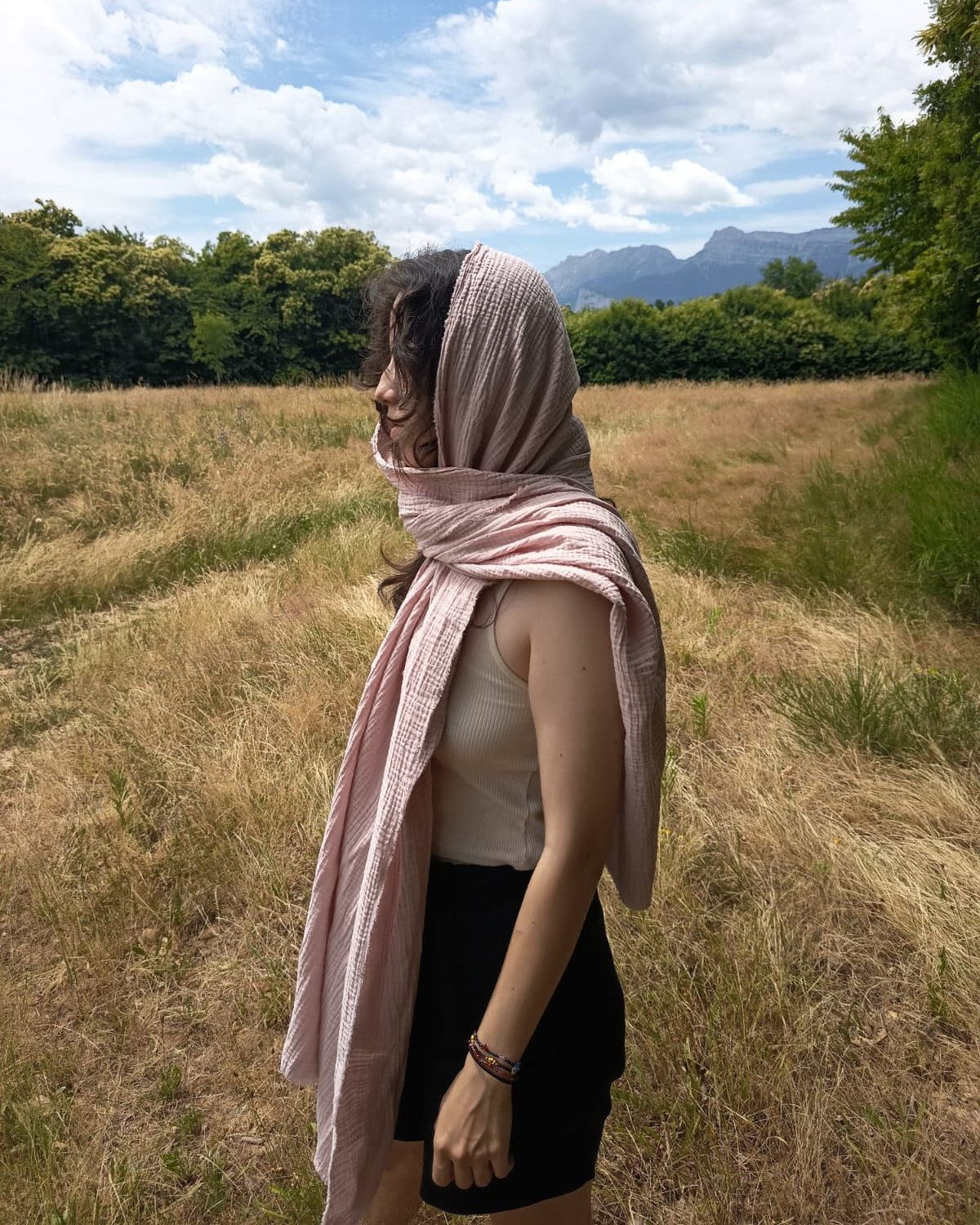 Echarpe, Étole XXL en double gaze de coton – Rose Poudré
