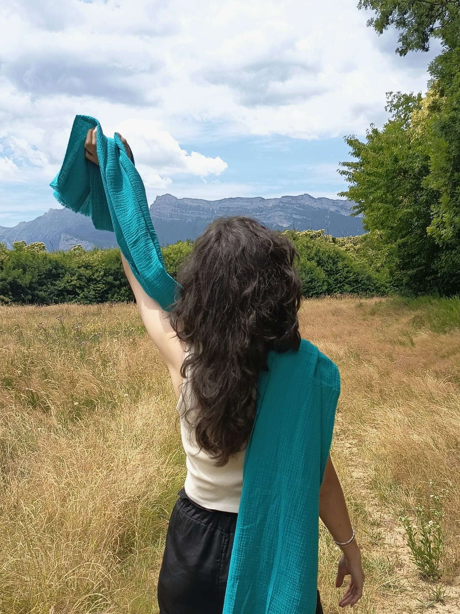 Écharpe XXL artisanale – Douceur de la double gaze de coton -  Vert Lagon