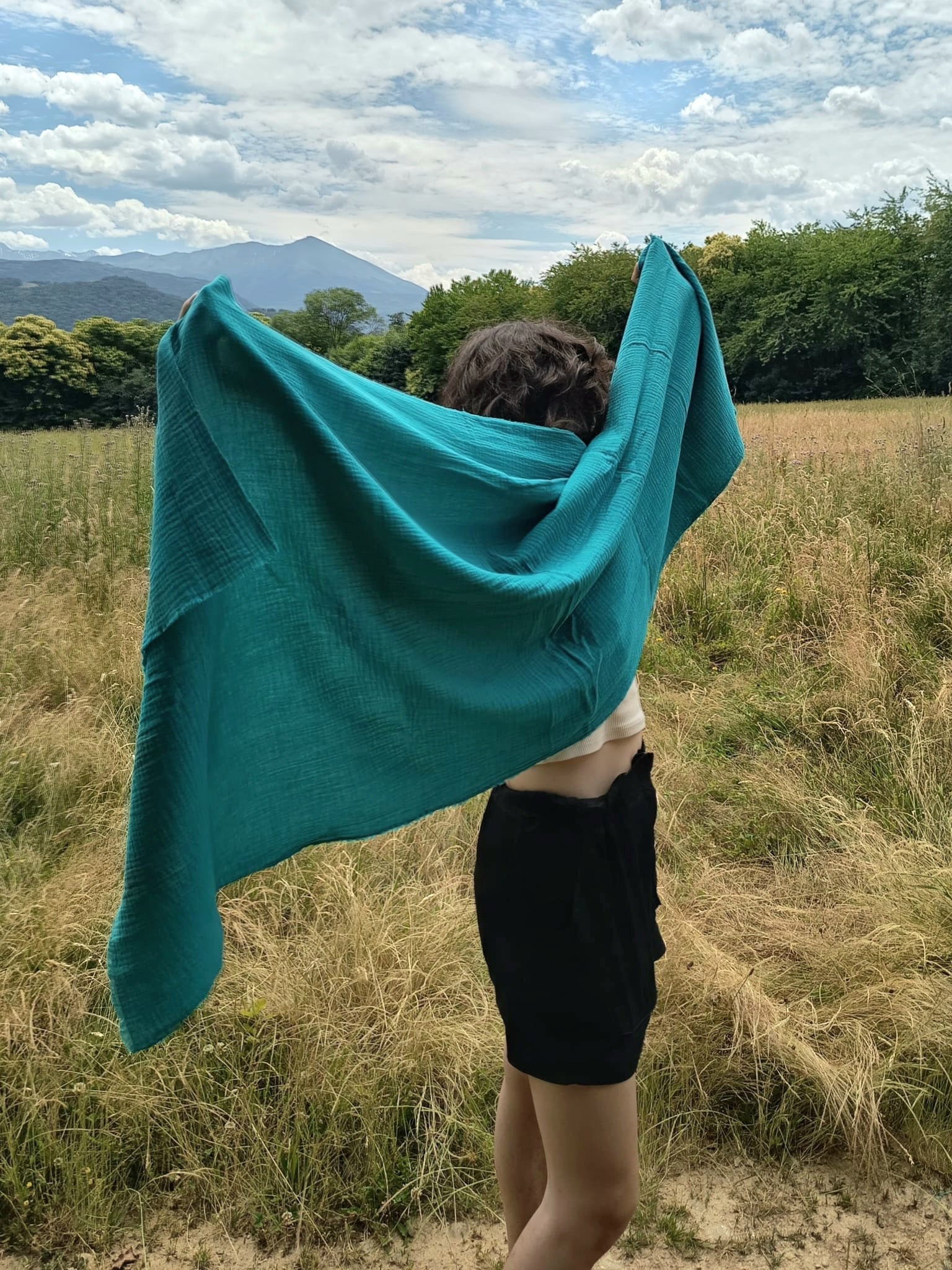 Écharpe XXL artisanale – Douceur de la double gaze de coton -  Vert Lagon