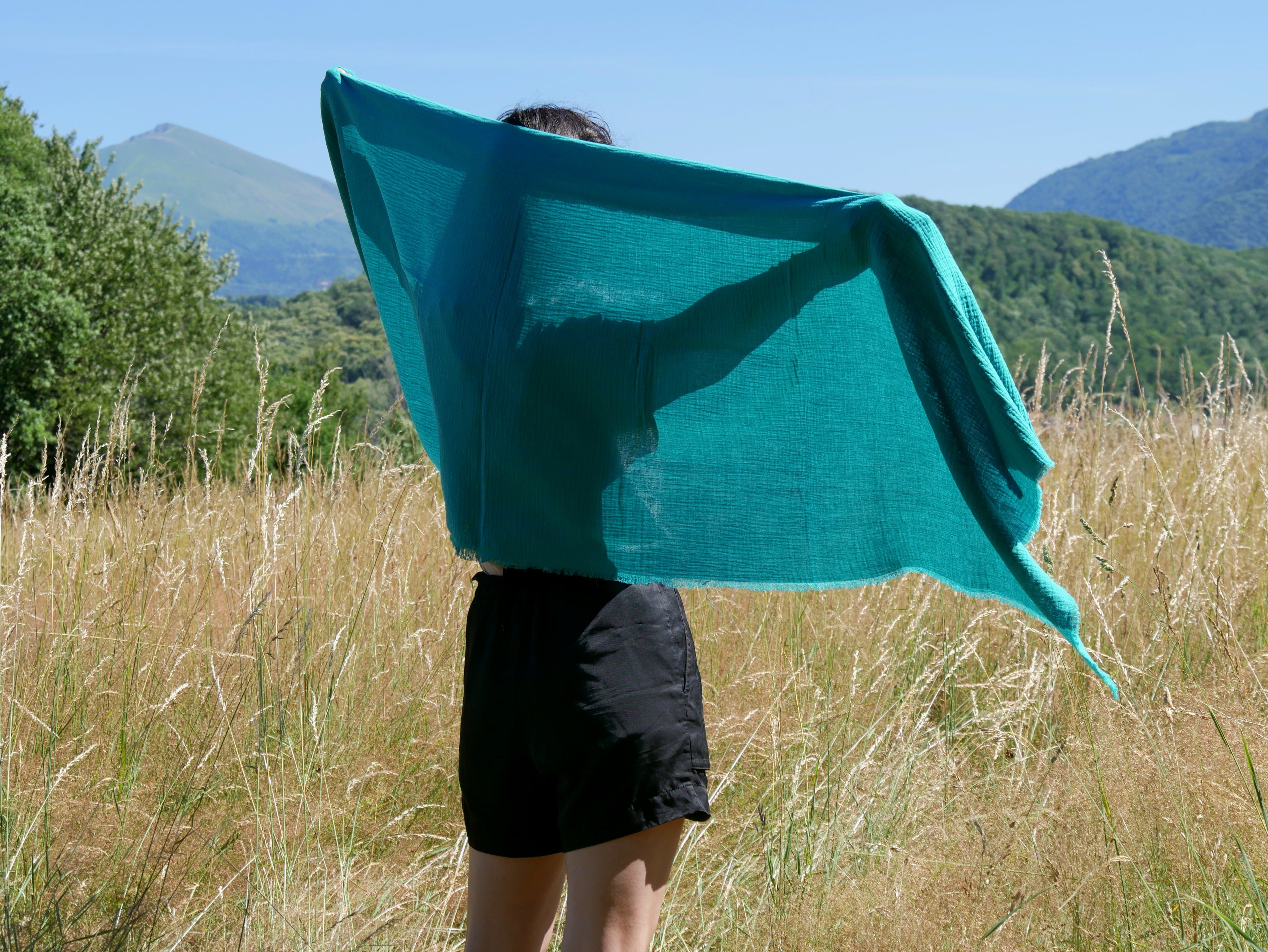 Écharpe XXL artisanale – Douceur de la double gaze de coton -  Vert Lagon