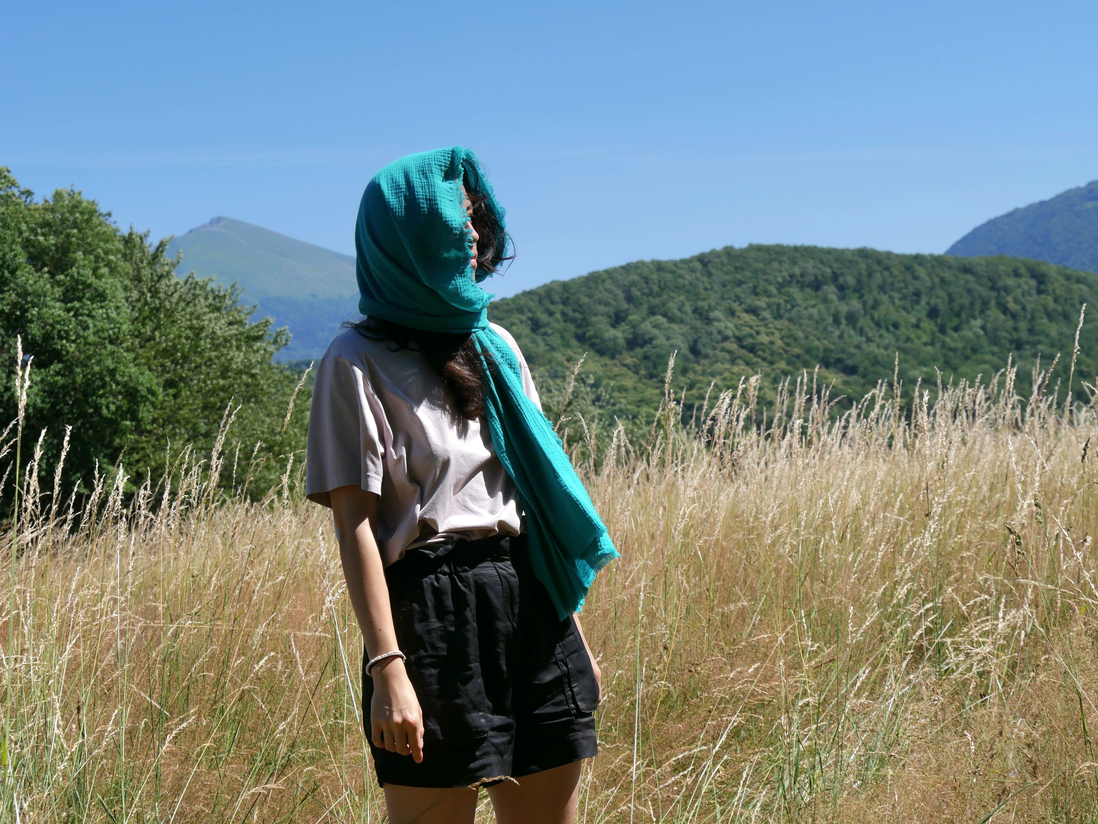 Écharpe XXL artisanale – Douceur de la double gaze de coton -  Vert Lagon