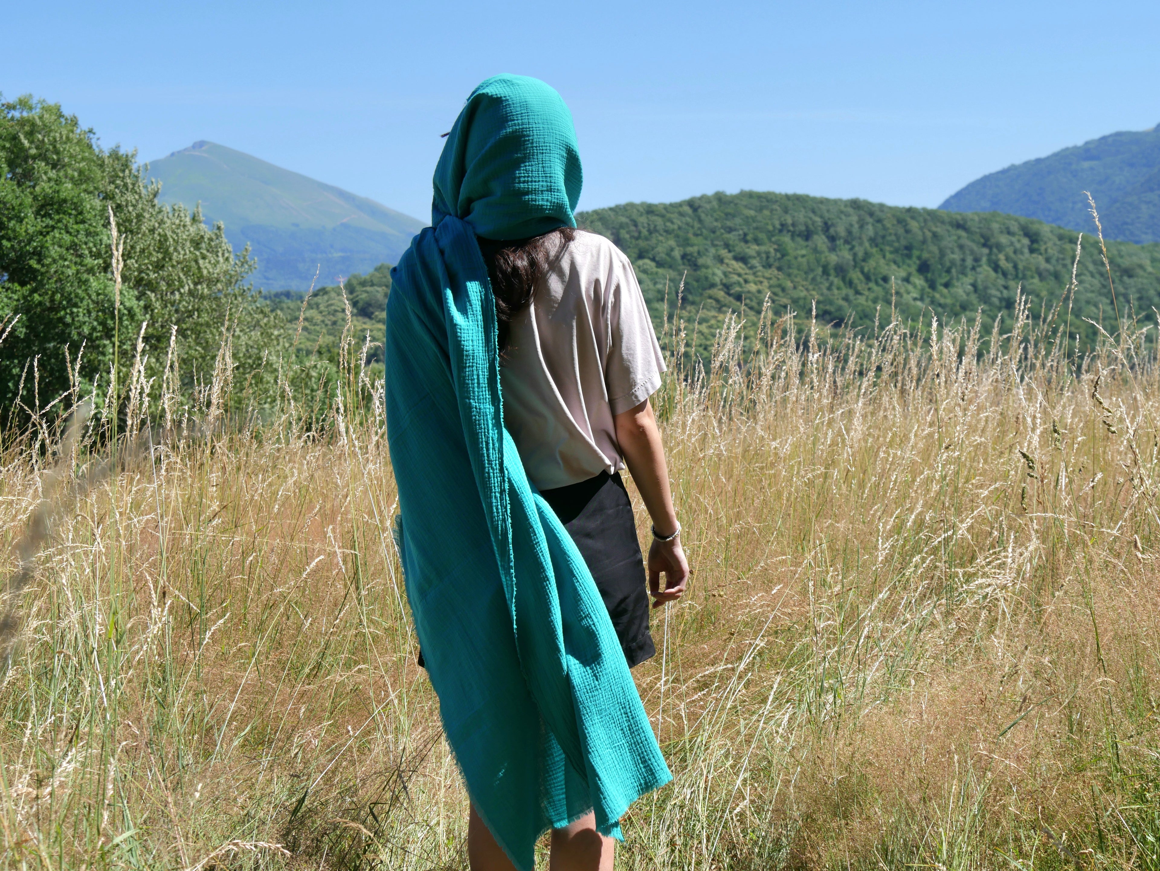 Écharpe XXL artisanale – Douceur de la double gaze de coton -  Vert Lagon