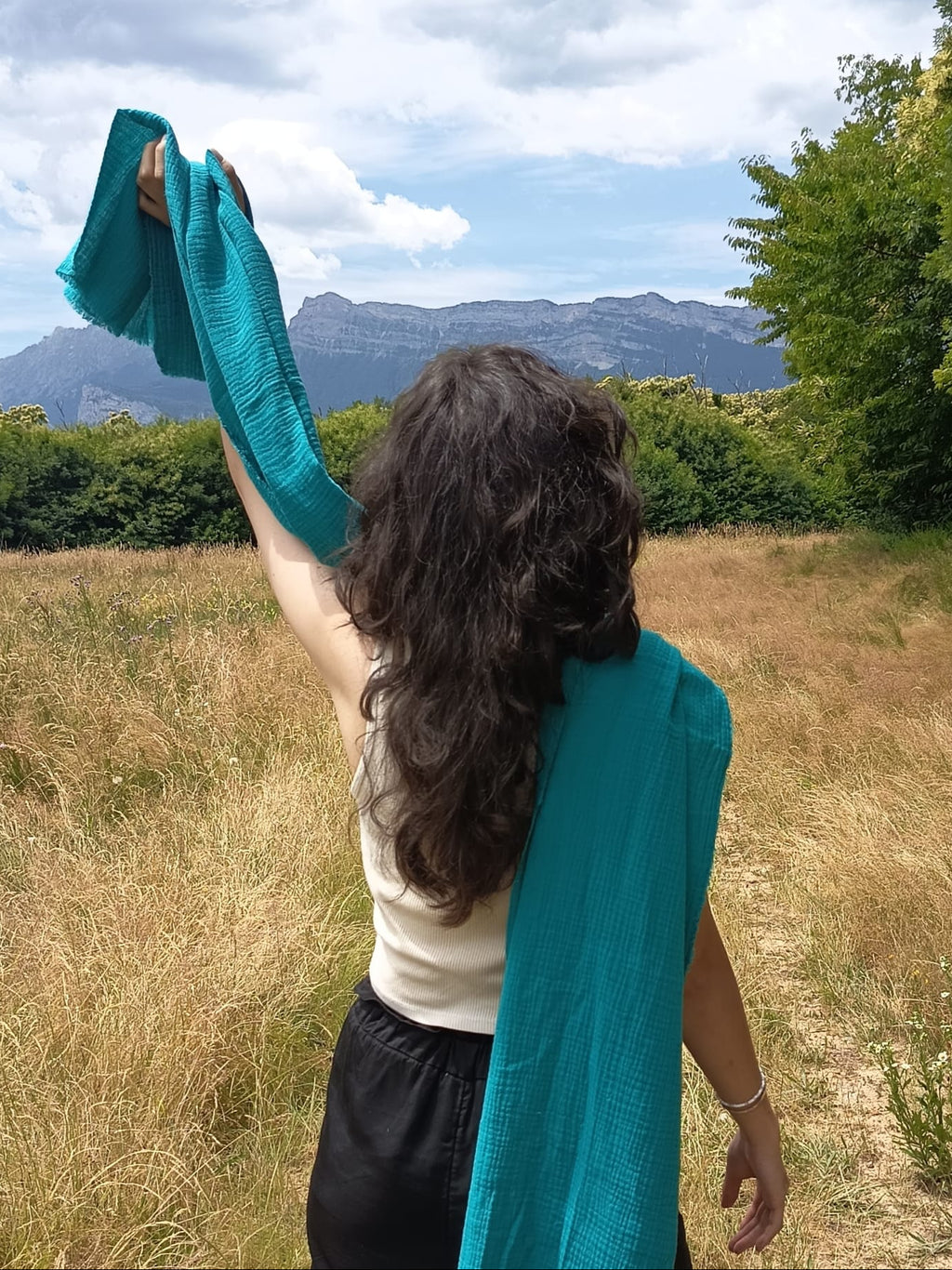 Écharpe XXL artisanale – Douceur de double gaze de coton Vert Lagon