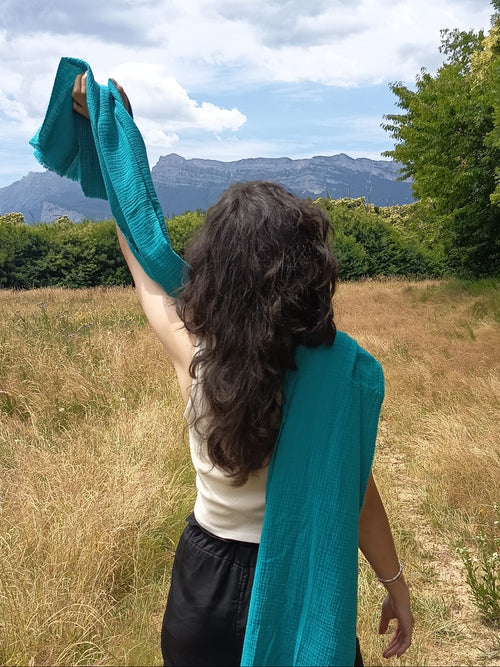 Écharpe XXL artisanale – Douceur de double gaze de coton Vert Lagon
